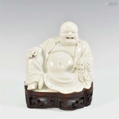 18TH C. CHINESE DEHUA GLAZED FIGURE OF BUDDA WITH ROSEWOOD S...