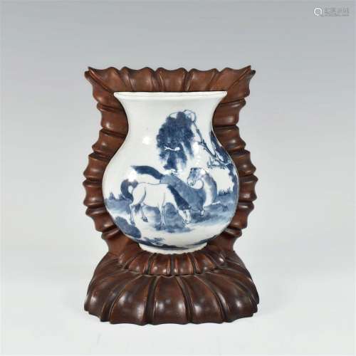 19TH C. BLUE AND WHITE WALL VASE WITH WOOD STAND
