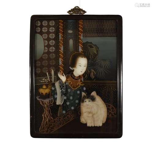 CHINESE GLASS PAINTING OF LADY WITH CAT