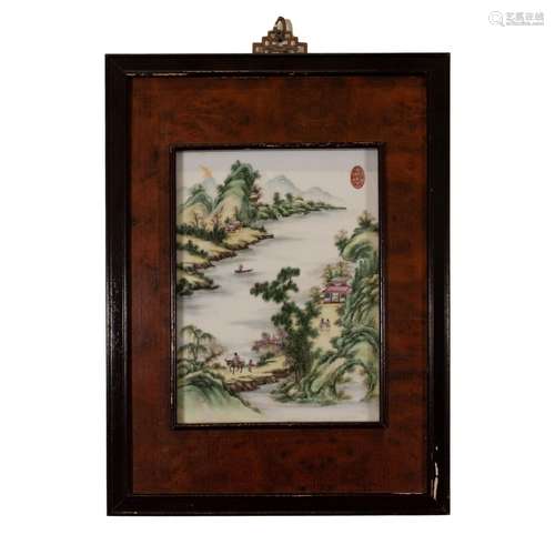 CHINESE PORCELAIN PAINTING WITH MISTY MOUNTAINOUS LANDSCAPE