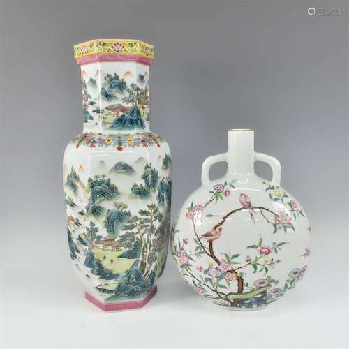 CHINESE FAMILLE ROSE HEXAGONAL VASE & BAOYUE VASE