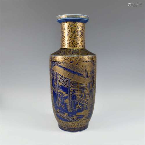 CHINESE GOLD ON BLUE PORCELAIN VASE