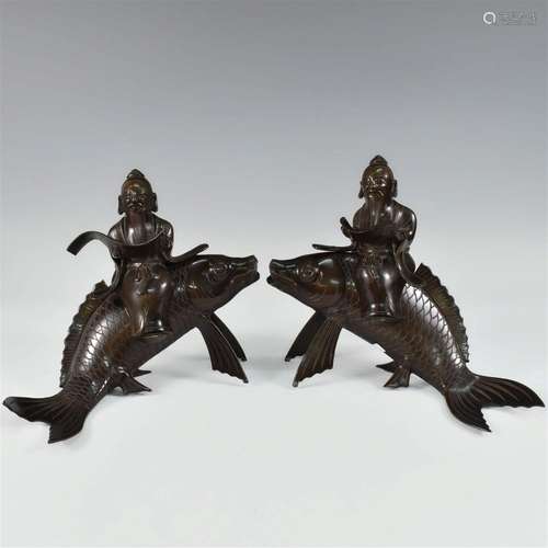 PAIR 19TH C. JAPANESE BROZE FIGURE ON FISH