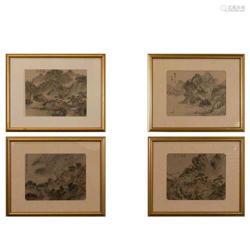 FOUR CHINESE FRAMED LANDSCAPE PAINTINGS