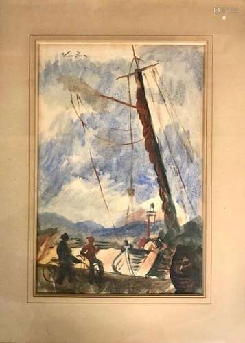 Léon ZACK (XXe)
"Au bord du quai"
Aquarelle signée...