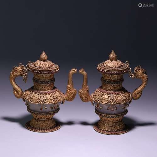A pair of silver and gilt inlaid Baibao Benba pots