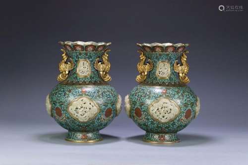 A Pair of Cloisonne Inlaid Hetian Jade and Phoenix Ear Vases