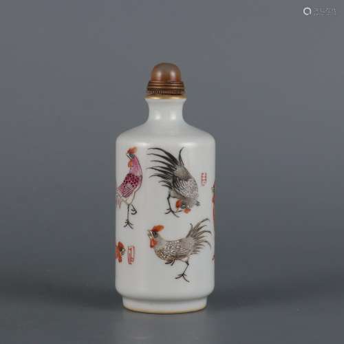 Pastel Five Chickens Picture Inscribed Poem Snuff Bottle