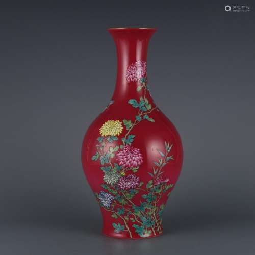 Carmine ground pastel chrysanthemum ornamental vase
