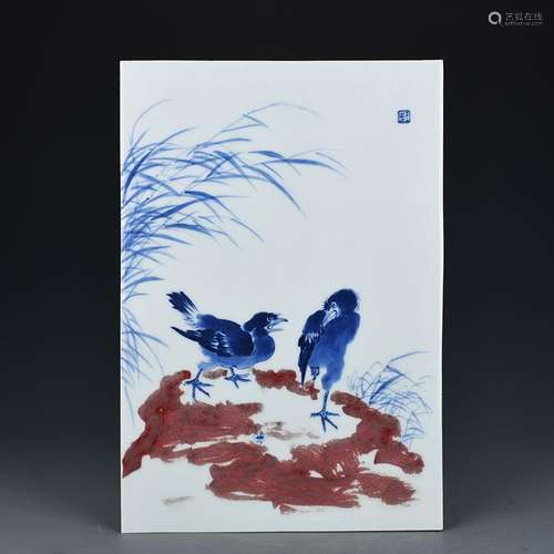 Red Flower and Bird Porcelain Plate in Blue and White Glaze