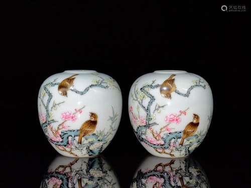 pair of enamel flower and bird jars