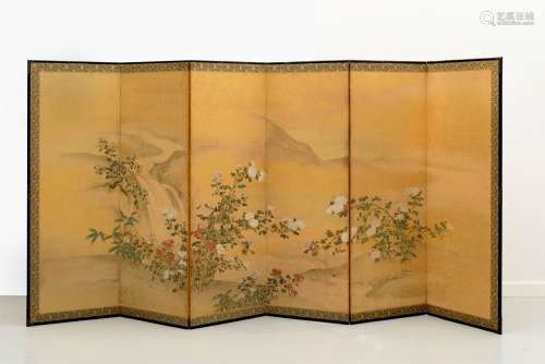 Japon, période Meiji (1868-1912). Grand paravent byobu à six...