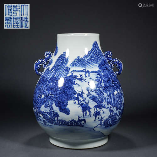 Qing Dynasty Blue and White Deer Pattern Ruyi Ear Zun