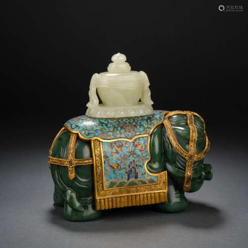 Qing Dynasty Hetian Jasper Inlaid Cloisonne Hetian Jade Elep...