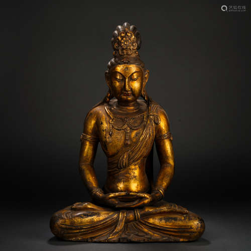 A bright lacquered gold woodcarved figure of Amitayus