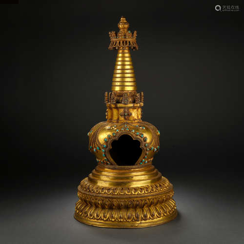 A Gilt Bronze Stupa Inlaid with Turquoise Stone, Qing Dynast...