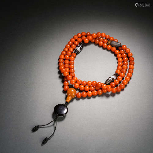Southern Red Dzi Bead Necklace, Qing Dynasty