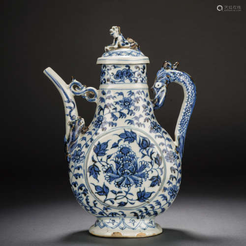 Before Ming Dynasty, a blue and white ewer with lion button