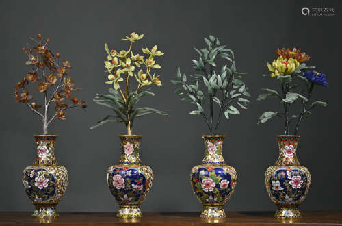 Old Tibetan Cloisonne Inlaid Agate Jade Plum Orchid Bamboo C...