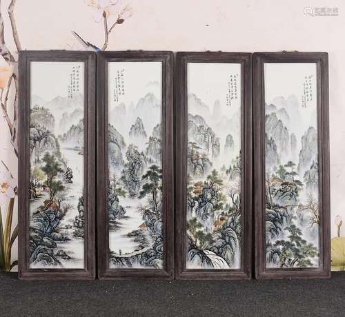 红木镶粉彩山水瓷板画《溪山烟雲》挂屏一组