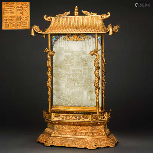 Qing Dynasty Gilt Inlaid Hetian Jade Carp Yuelongmen Poetry ...
