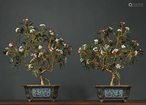 A Pair of Cloisonne Inlaid Jade and Pearl Bonsai, Qing Dynas...