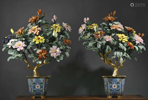 A Pair of Cloisonne Inlaid Agate and Jade Bonsai, Qing Dynas...