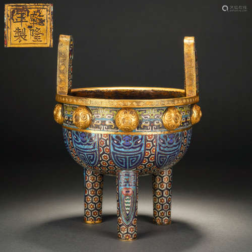 Qing Dynasty Cloisonne Beast-Mask Stove with Two Ears