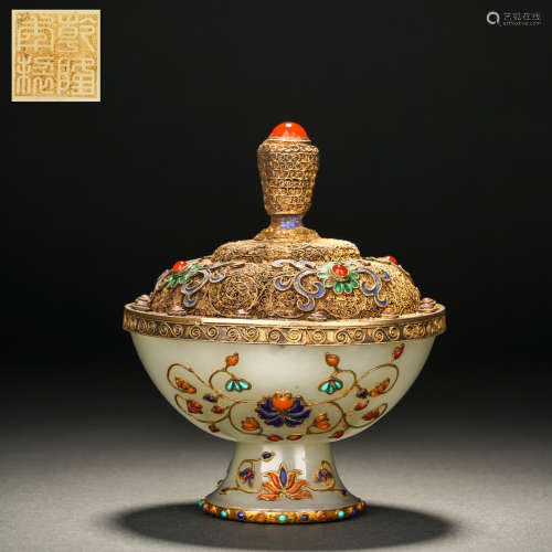 Qing Hetian jade inlaid gilt multi-treasure offering bowl