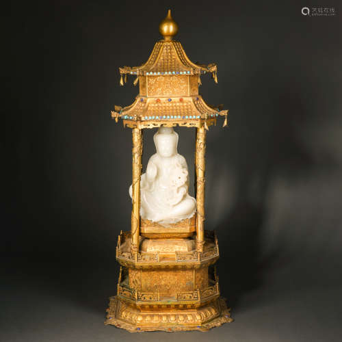 A Gilt-gilt Niche Inlaid Hetian Jade Avalokitesvara Seated S...