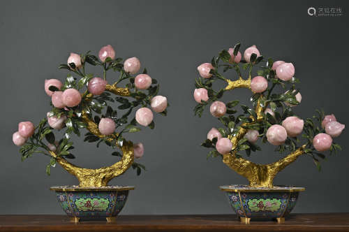A Pair of Cloisonne Inlaid Jade and Longevity Peach Bonsai, ...