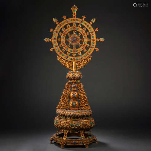 A Gilt Bronze Buddhist Dharma Wheel Inlaid with Turquoise in...