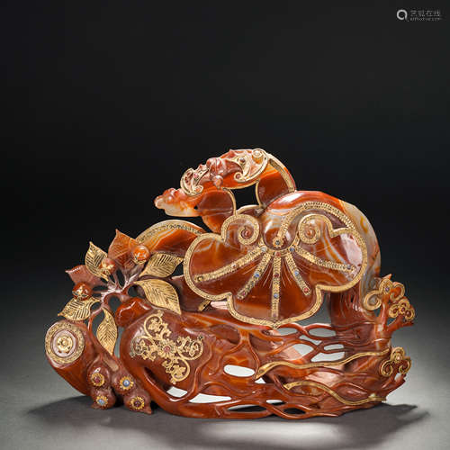 Agate-covered gold-inlaid gemstone Ganoderma lucidum ornamen...