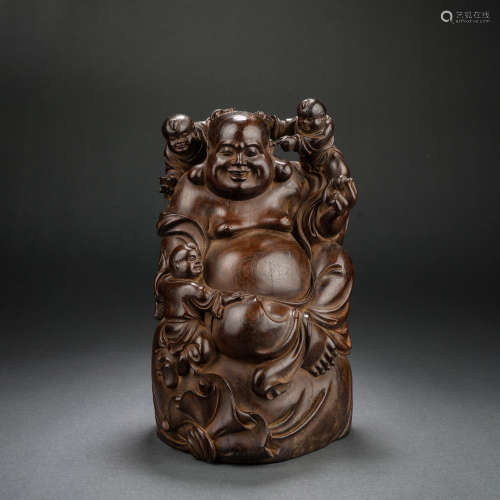 Seated Maitreya Buddha statue carved in red sandalwood