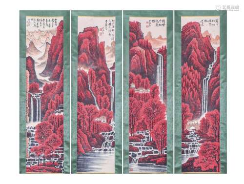 FOUR PANELS CHINESE PAINTING OF MOUNTAINS AND WATERFALL LAND...