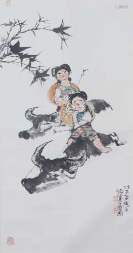 A CHINESE PAINTING OF HERDING CATTLES