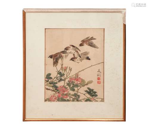 A FRAMED CHINESE PAINTING OF BIRDS AND FLOWERS