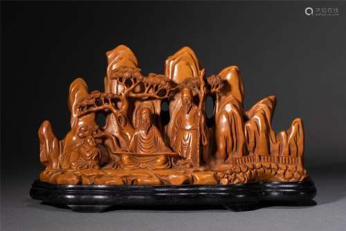 A BOXWOOD CARVED FIGURES AND MOUNTAINS ORNAMENTS