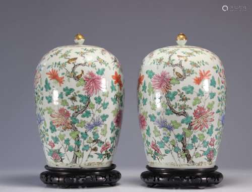 Paire de vases couverts en porcelaine famille rose décor flo...