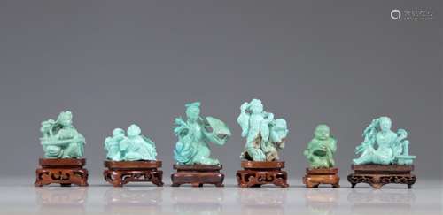 Lot de (6) sculptures chinoise en turquoise<br />
Poids: 436...