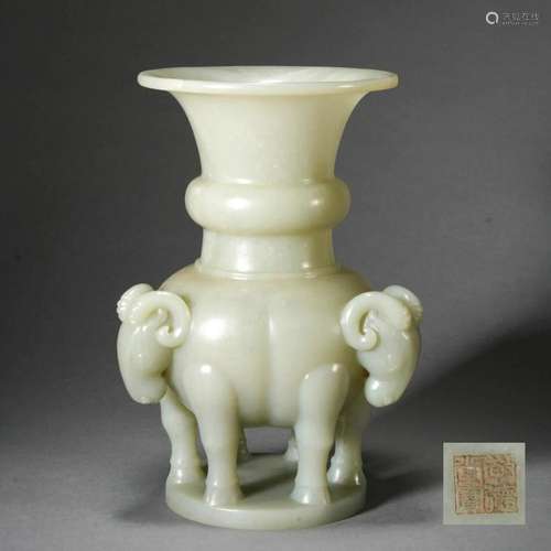 A CHINESE CARVED CELADON JADE RAM VESSEL