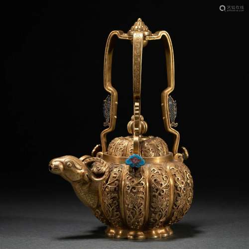 A CHINESE HARDSTONES INLAID BRONZE-GILT TEAPOT