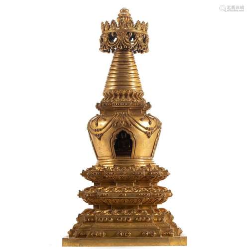 A TIBETAN BRONZE-GILT STUPA