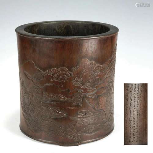 A CHINESE CARVED LANDSCAPE WOODEN BRUSHPOT