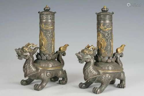 PAIR CHINESE SILVER PARTLY GILT BEAST INCENSE BURNERS