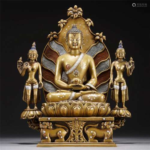 A KASHMIR SILVER AND BRASS INLAID BRONZE MEDICINE BUDDHA