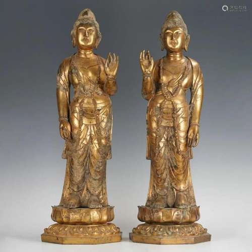 PAIR CHINESE BRONZE-GILT STANDING BODHISATTVAS