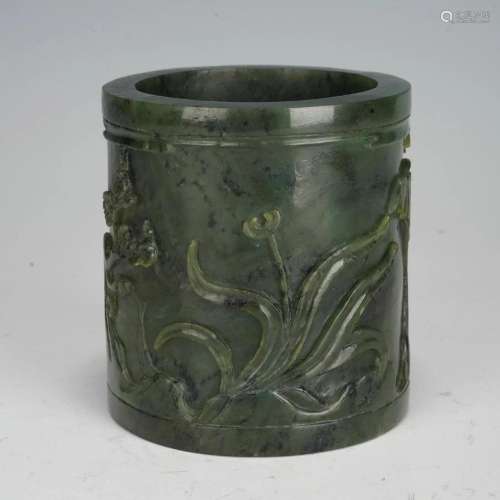 A CHINESE CARVED SPINACH GREEN JADE BRUSHPOT
