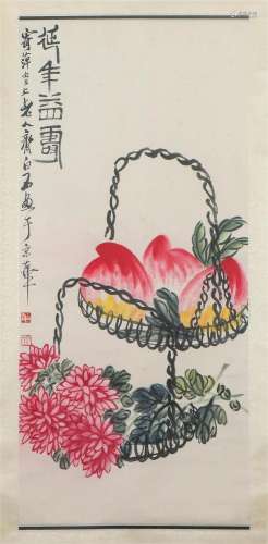 A CHINESE PAINTING OF PEACHES SIGNED QI BAISHI