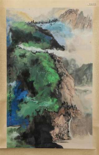A CHINESE PAINTING OF BLUE AND GREEN LANDSCAPE SIGNED ZHANGD...